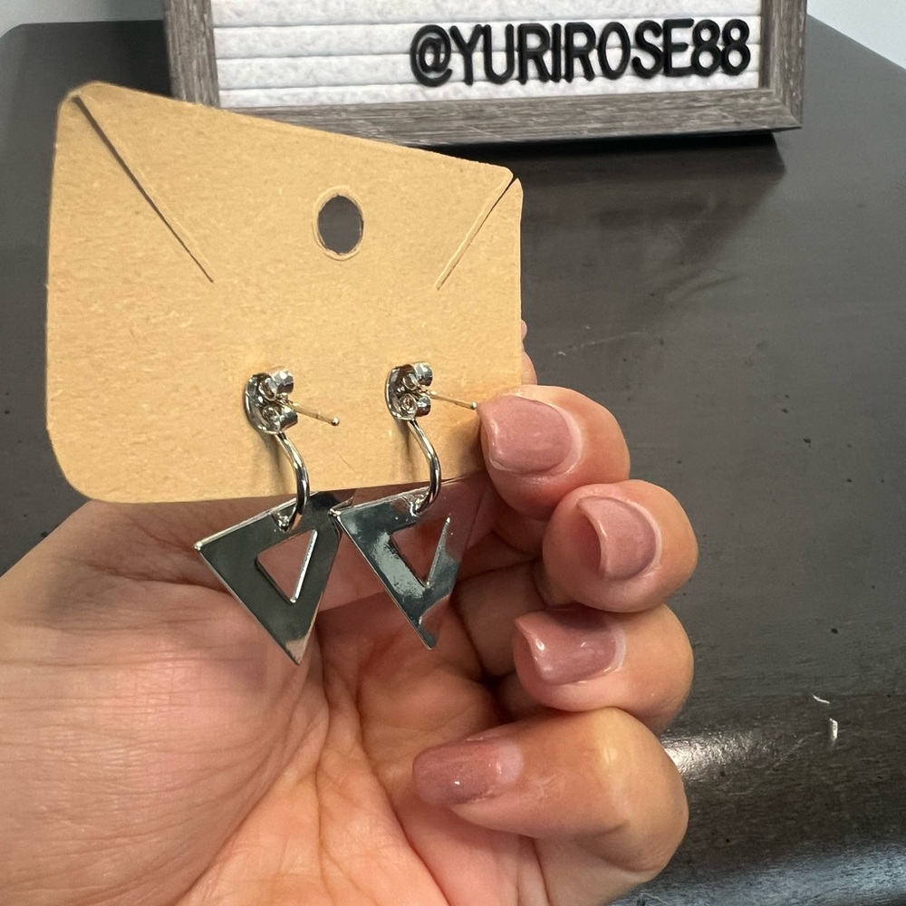 Silver Tone Triangle Stud Earrings - image 3